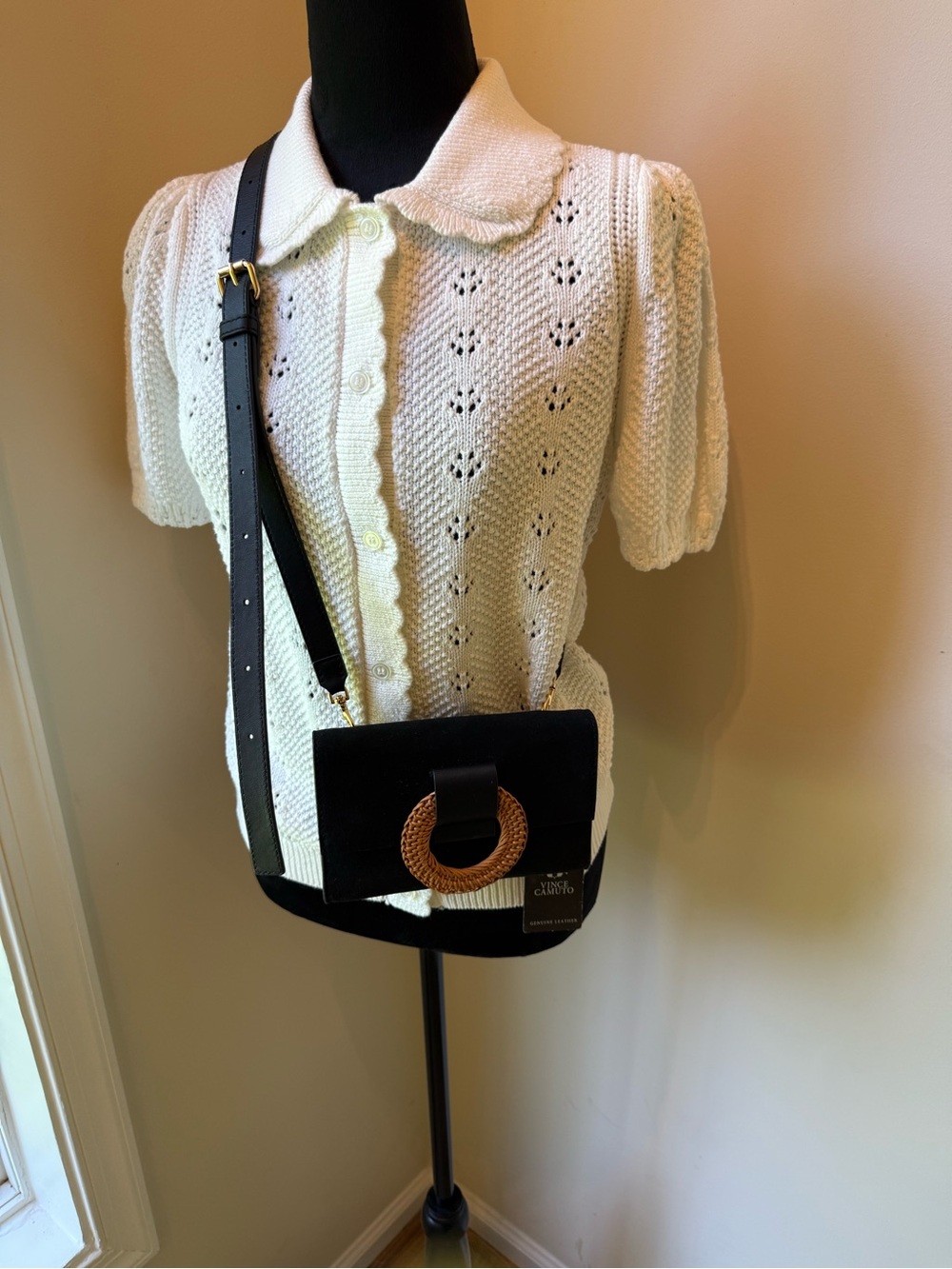 NEW with Tags VINCE Camuto Leather Black Crossbody Bag with Woven Ring Detail